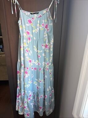 Zara Mint-Blue Maxi Dress with Pink & White Floral Print-Perfect Summer Dress!